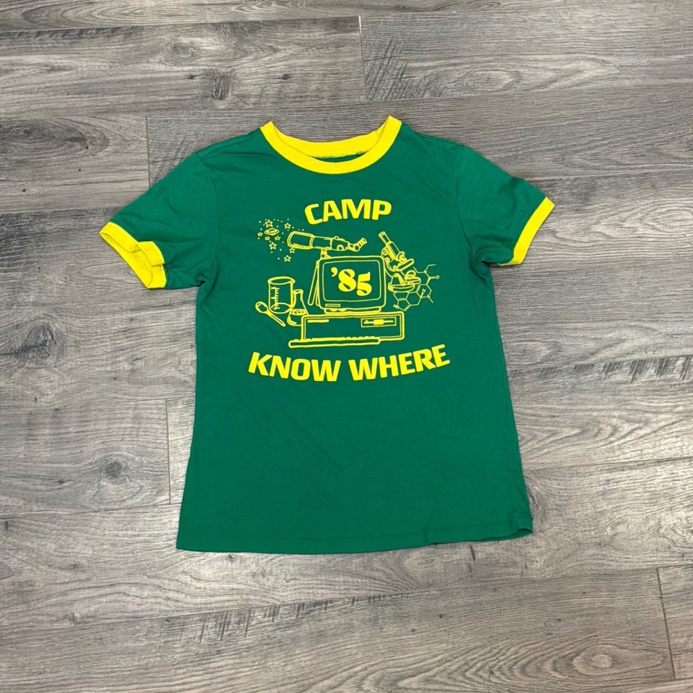 Stranger Things Camp Know Where 85 Green Yellow Ringer T-Shirt Mens XS Netflix